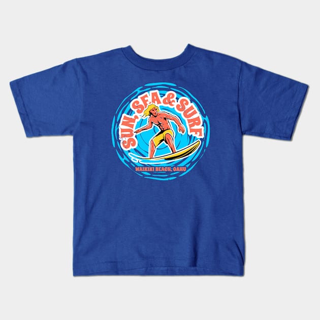 Vintage Sun, Sea & Surf Waikiki Beach Oahu, Hawaii // Retro Surfing // Surfer Catching Waves Kids T-Shirt by Now Boarding